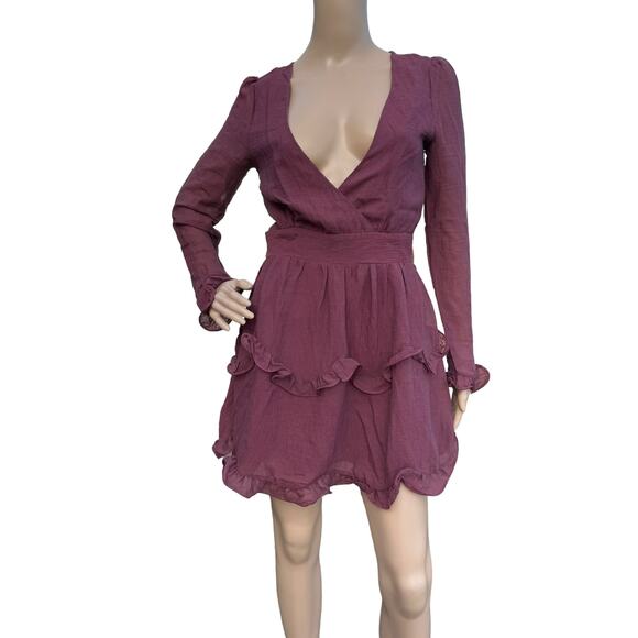 Saints+Secrets Women's Wine Ruffle V-Neck Long Sleeves Belted Mini Dress Size S - Picture 2 of 7